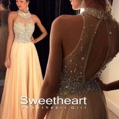 A-line Beaded Sequin Champagne Long Prom Dresses,..