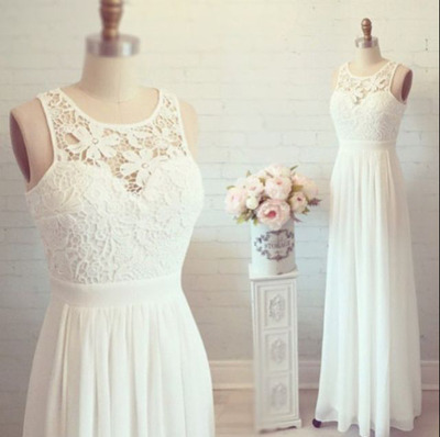 Simple A Line White Lace Chiffon Wedding Dress Custom Made Beach