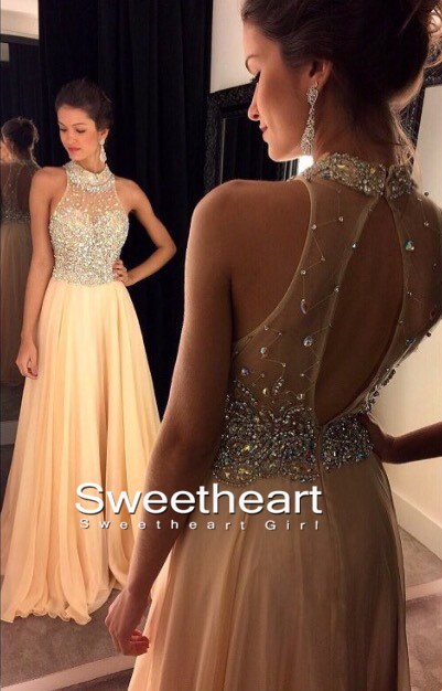 A-line Beaded Sequin Champagne Long Prom Dresses, Evening Dresses