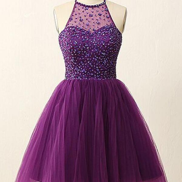 Beautiful Purple Short Prom Dress, Backless Prom Dress, Purple Homecoming Dress, Beaded Prom 